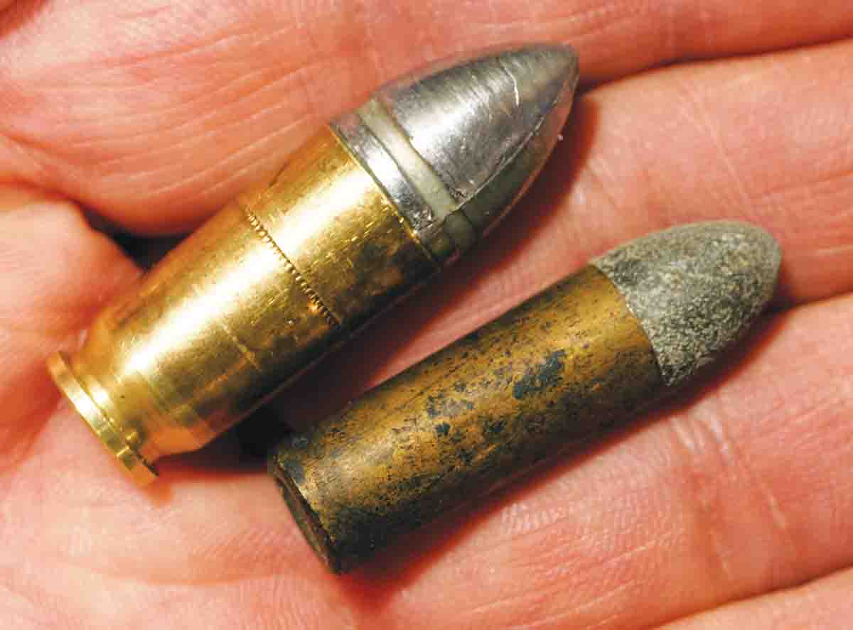 An original .36-caliber Thuer beside one of Hayley’s newly manufactured .44 Thuer rounds. Hayley started with .45 Auto brass, reduced the rim to the diameter of .38 Super, swaged head diameter on a rotary swage to original Thuer dimensions, then ran the case upside down into a .303 British sizing die to impart its slight cone shape.